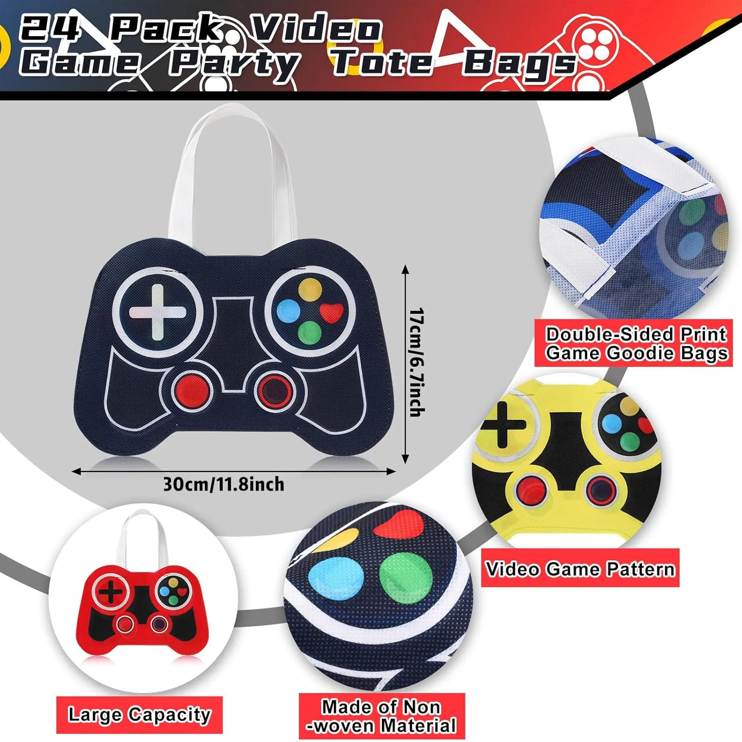 Silkfly 24 Pcs Video Game Party Favor Bags Non Woven Reusable Gaming Goodie Treat Gift Bags with Handles Gaming Party Supplies(4 Colors)