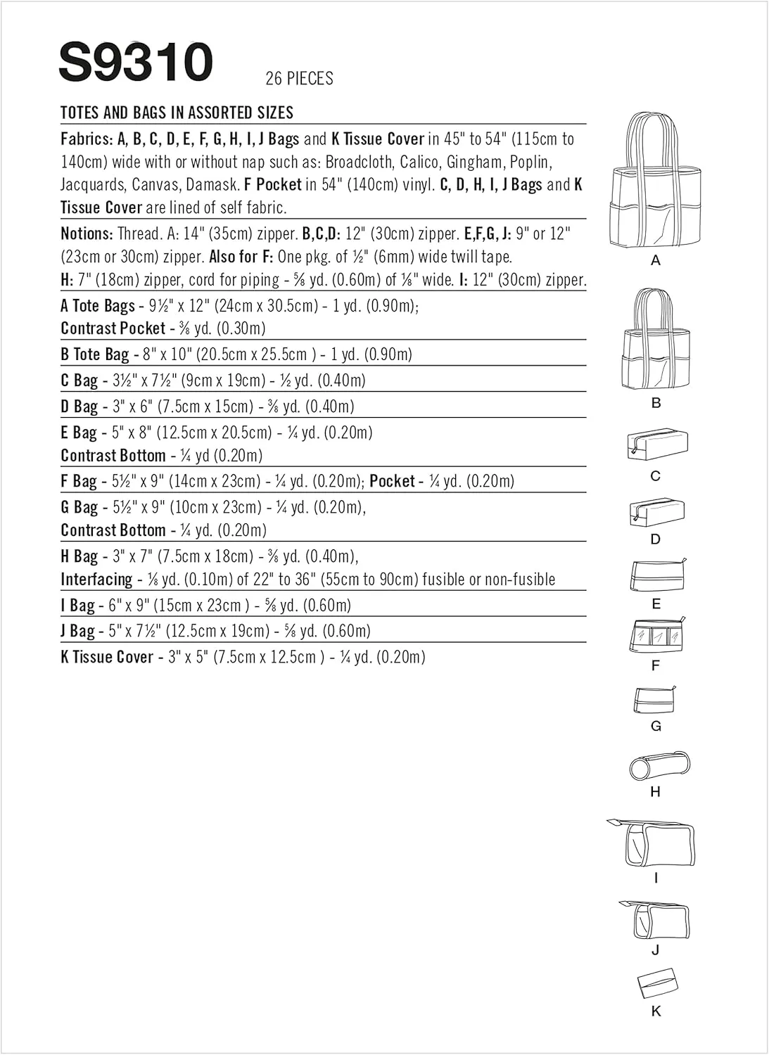 Simplicity Assorted Cosmetic Tote Bag Packet, Code 9310 Sewing Pattern, One Size, White