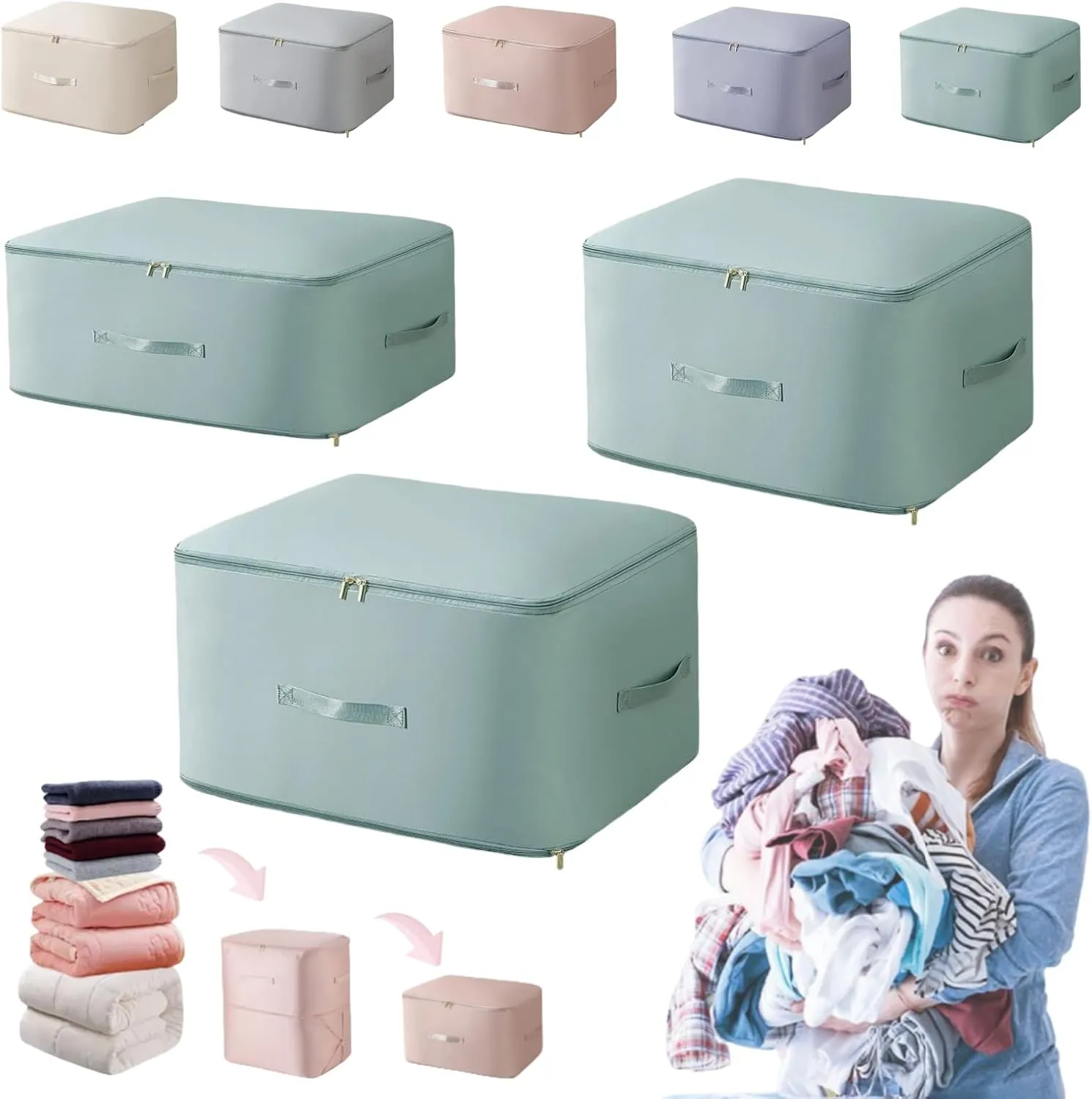 Simtplicity Ultra Space Saving Self Compression Organizer, 2025 Upgraded Comforter Storage Bag with Zipper, Heavy Duty Moving Bags for Comforters, Blankets, Clothes (Green, M L XL)