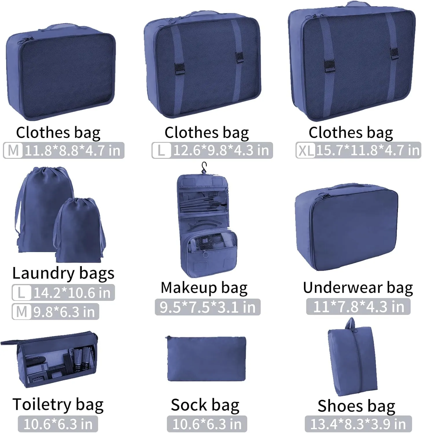 SLMT 10 Set Packing Cubes for Suitcases, Luggage Organizer Bags for Carry On, Travel Bags Organizer for Luggage, Must Have Travel Essentials for Women and Men (Navy Blue)