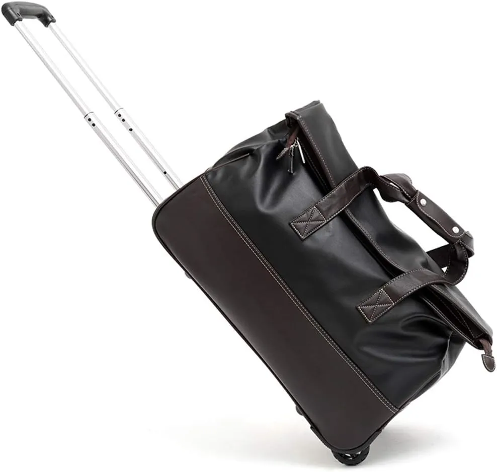 Soft PU Rolling Tote Travel Bag Suitcases with Wheels, Waterproof Rolling Duffle Bag Wheeled Business Carry on Luggage, Overnight Weekender Bags for Women, Black (Size : Medium)