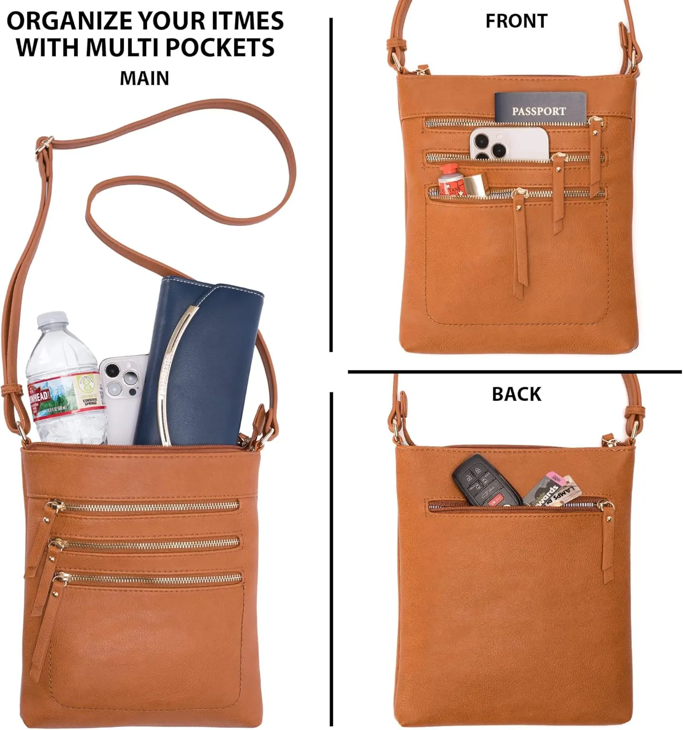 Solene Crossbody Bag Functional Multi Pocket Messenger Purse Top Zip Closure Shoulder Handbag With Adjustable Strap