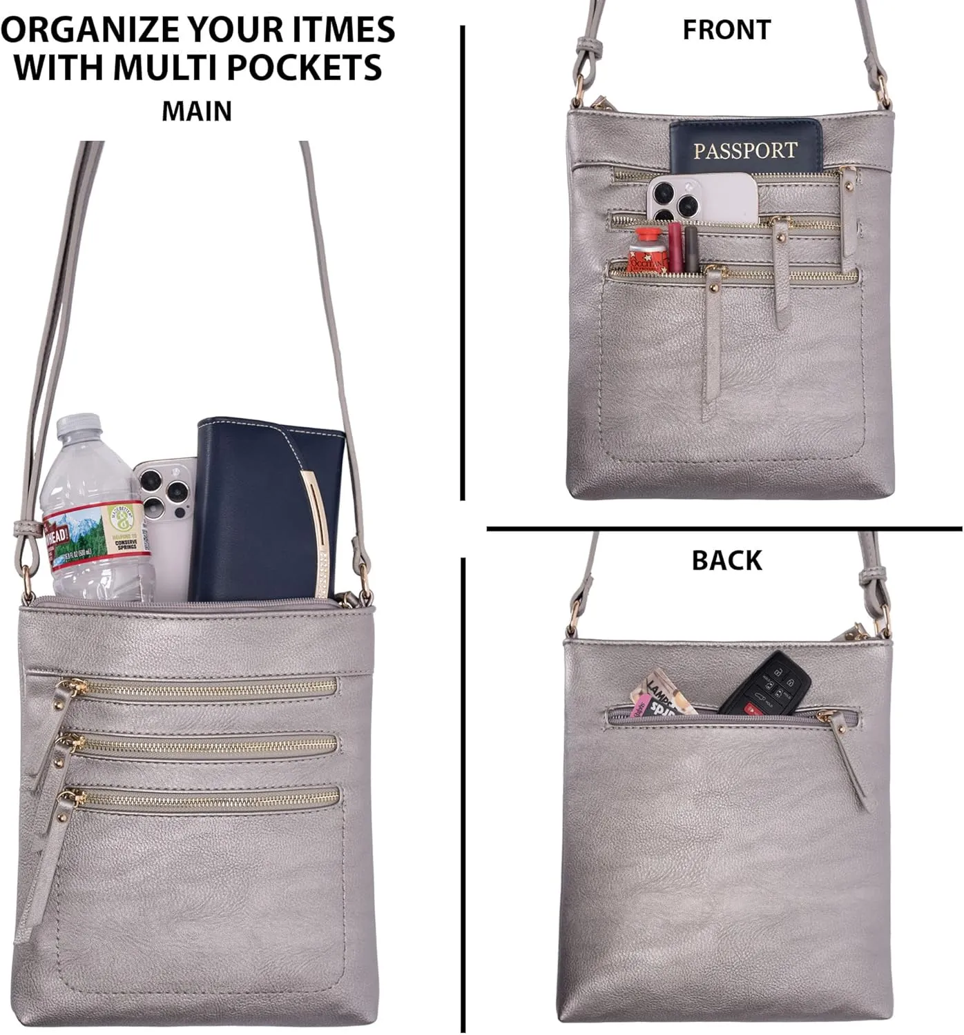 Solene Crossbody Bag Functional Multi Pocket Messenger Purse Top Zip Closure Shoulder Handbag With Adjustable Strap