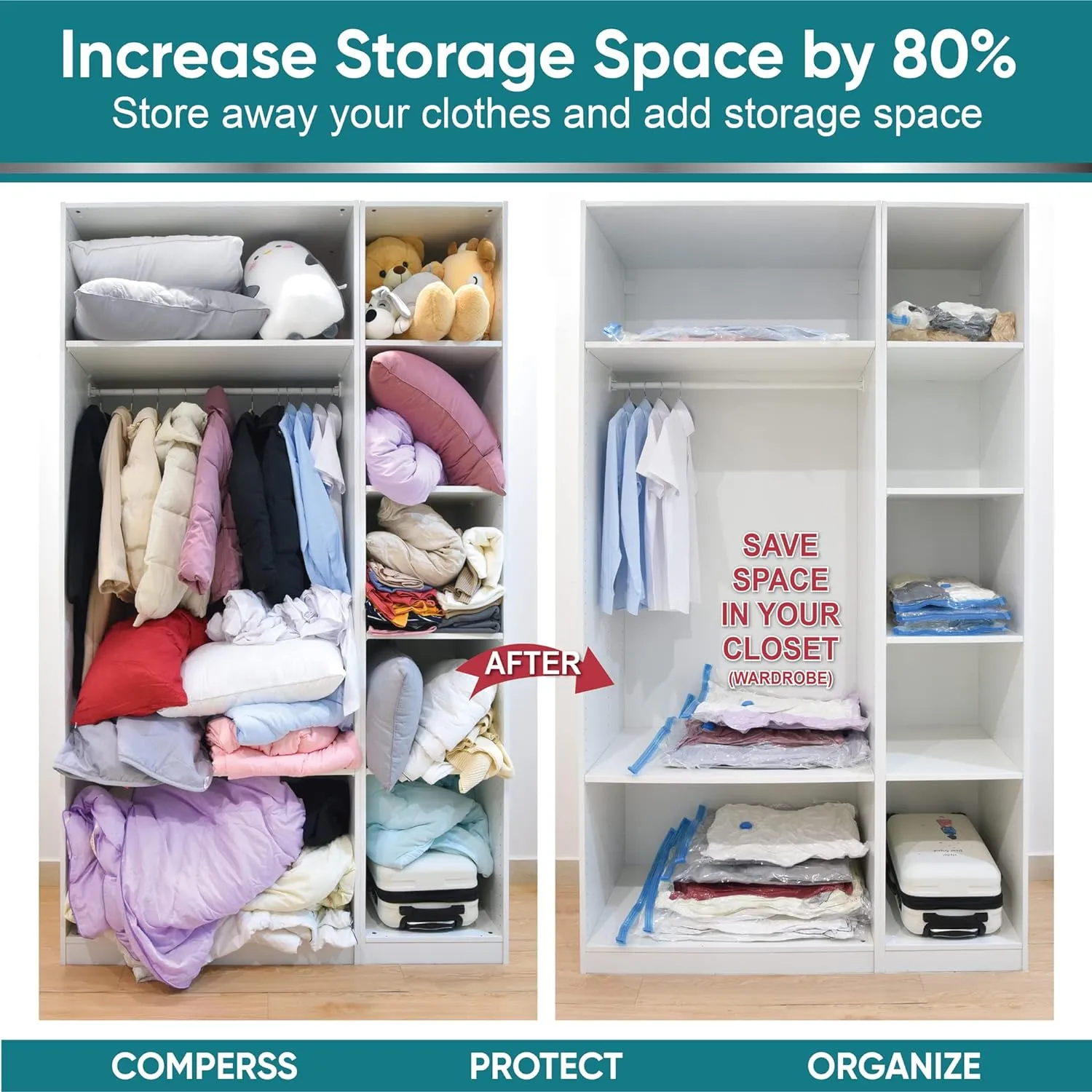 Space Saver Vacuum Storage Bags, 6 Pack Jumbo Space Saver Bags with Pump, Storage Vacuum Sealed Bags for Clothes, Comforters, Blankets, Bedding (Jumbo)