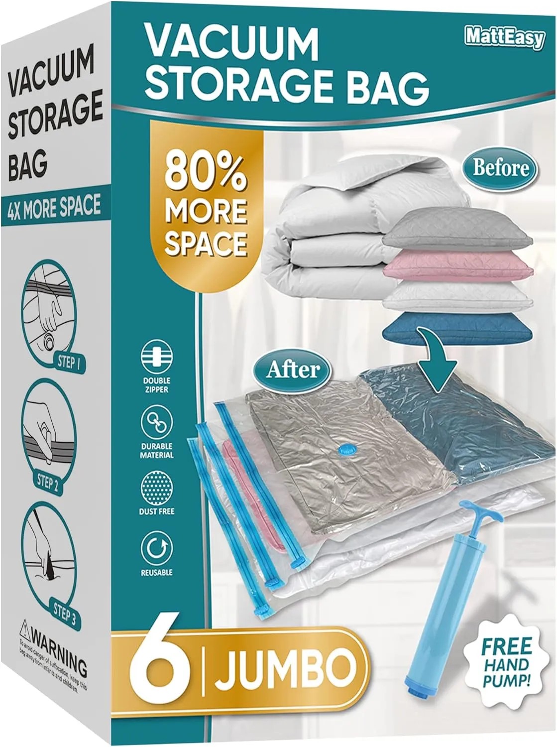 Space Saver Vacuum Storage Bags, 6 Pack Jumbo Space Saver Bags with Pump, Storage Vacuum Sealed Bags for Clothes, Comforters, Blankets, Bedding (Jumbo)