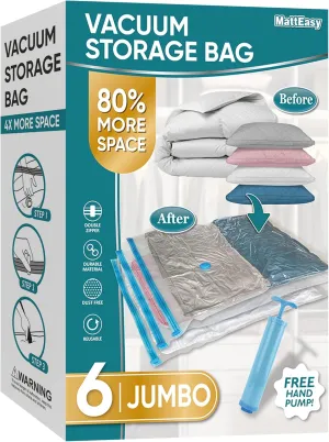 Space Saver Vacuum Storage Bags, 6 Pack Jumbo Space Saver Bags with Pump, Storage Vacuum Sealed Bags for Clothes, Comforters, Blankets, Bedding (Jumbo)