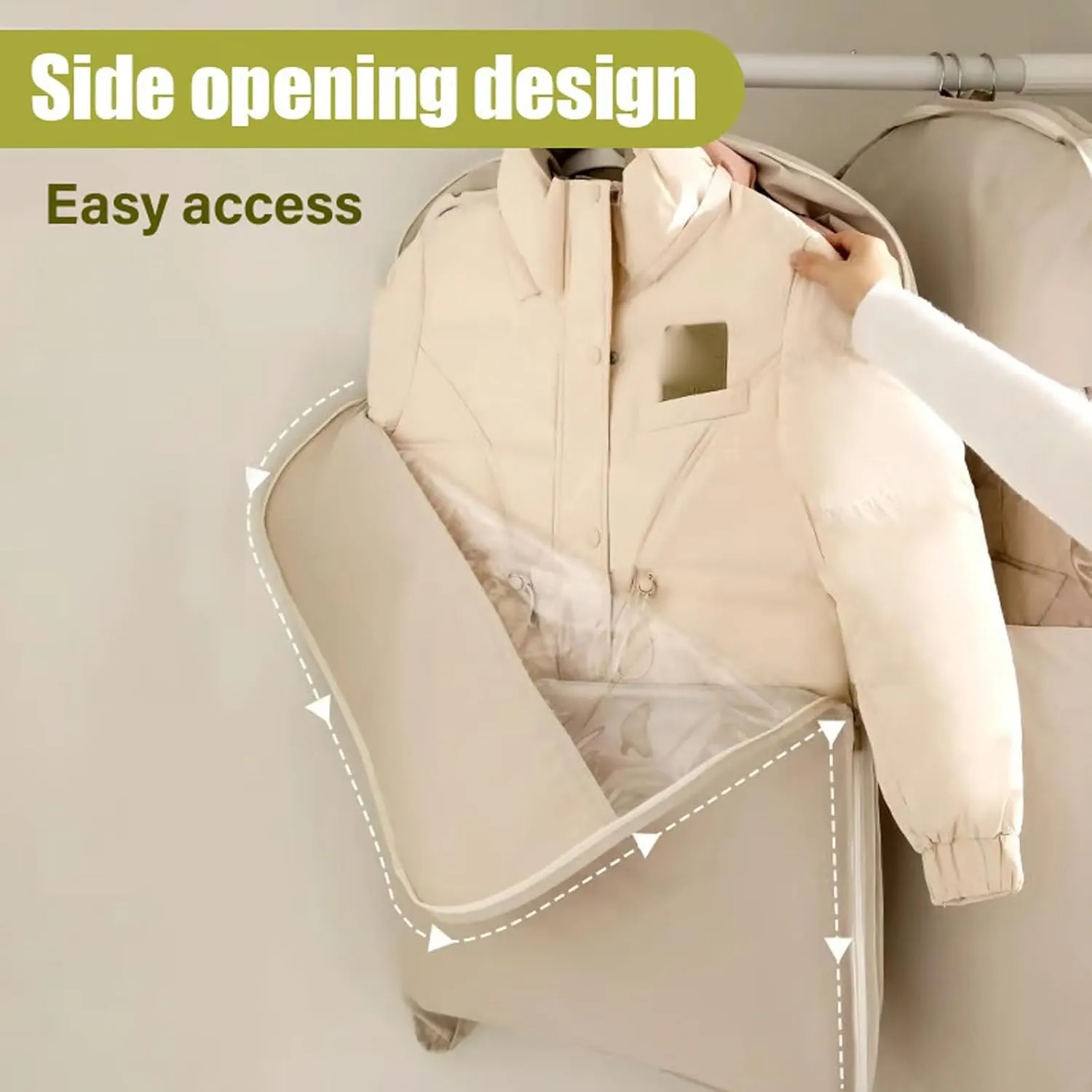 Space Saving Hanging Garment Bag with Self Compression Zipper, Dust Cover Clothes Bags for down Coat,Space Saver Closet Organizers (Light apricot,M)