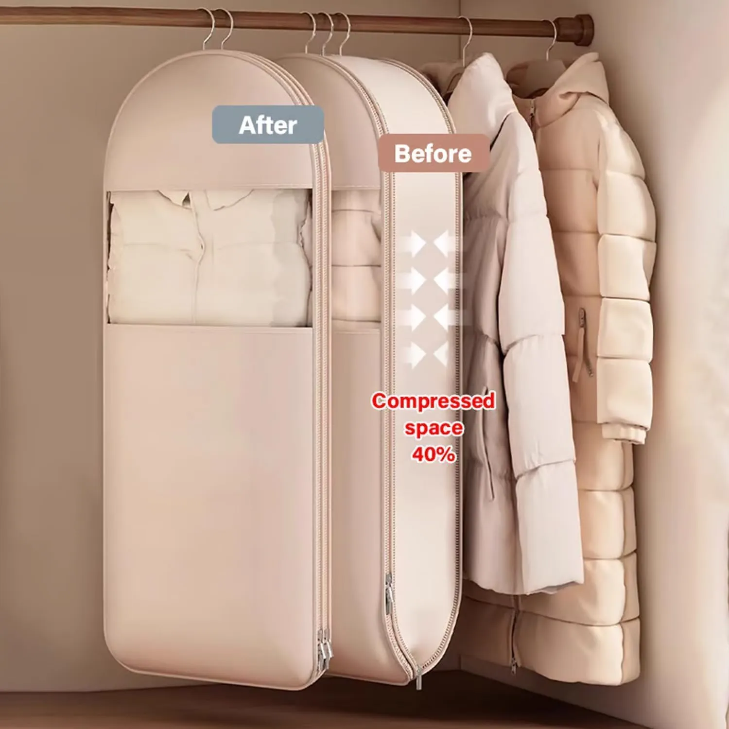 Space Saving Hanging Garment Bag with Self Compression Zipper, Otherwisie Space Saver Hanging Garment Bags, Winter Coat Storage, Heavy Duty Garment Bag for down Coat (L*Beige)