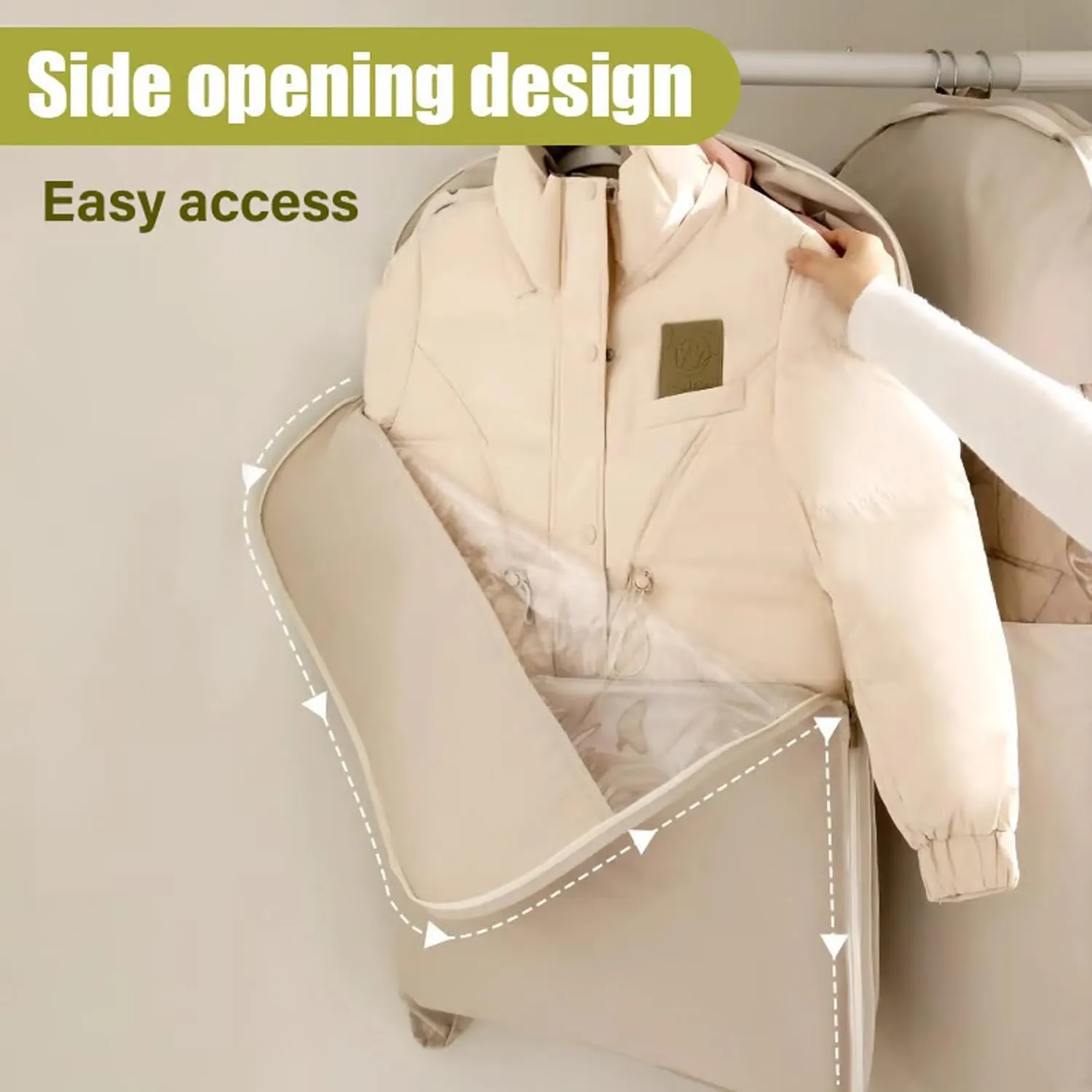 Space Saving Hanging Garment Bag with Self Compression Zipper, Otherwisie Space Saver Hanging Garment Bags, Winter Coat Storage, Heavy Duty Garment Bag for down Coat (L*Beige)