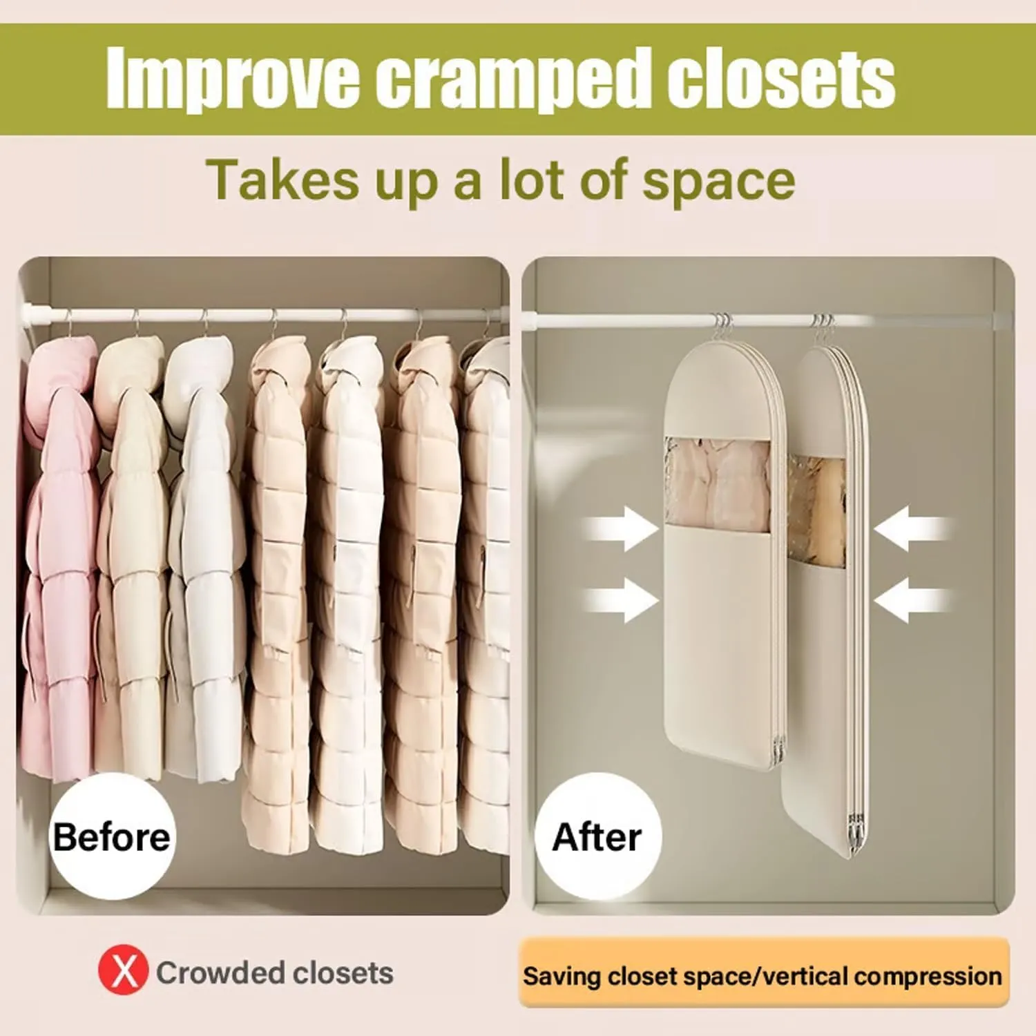 Space Saving Hanging Garment Bag with Self Compression Zipper, Otherwisie Space Saver Hanging Garment Bags, Winter Coat Storage, Heavy Duty Garment Bag for down Coat (L*Beige)