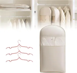 Space Saving Hanging Garment Bag with Self Compression Zipper, Otherwisie Space Saver Hanging Garment Bags, Winter Coat Storage, Heavy Duty Garment Bag for down Coat (L*Beige)