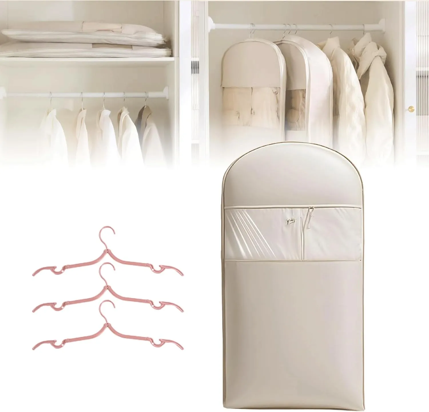 Space Saving Hanging Garment Bag with Self Compression Zipper, Otherwisie Space Saver Hanging Garment Bags, Winter Coat Storage, Heavy Duty Garment Bag for down Coat (L*Beige)