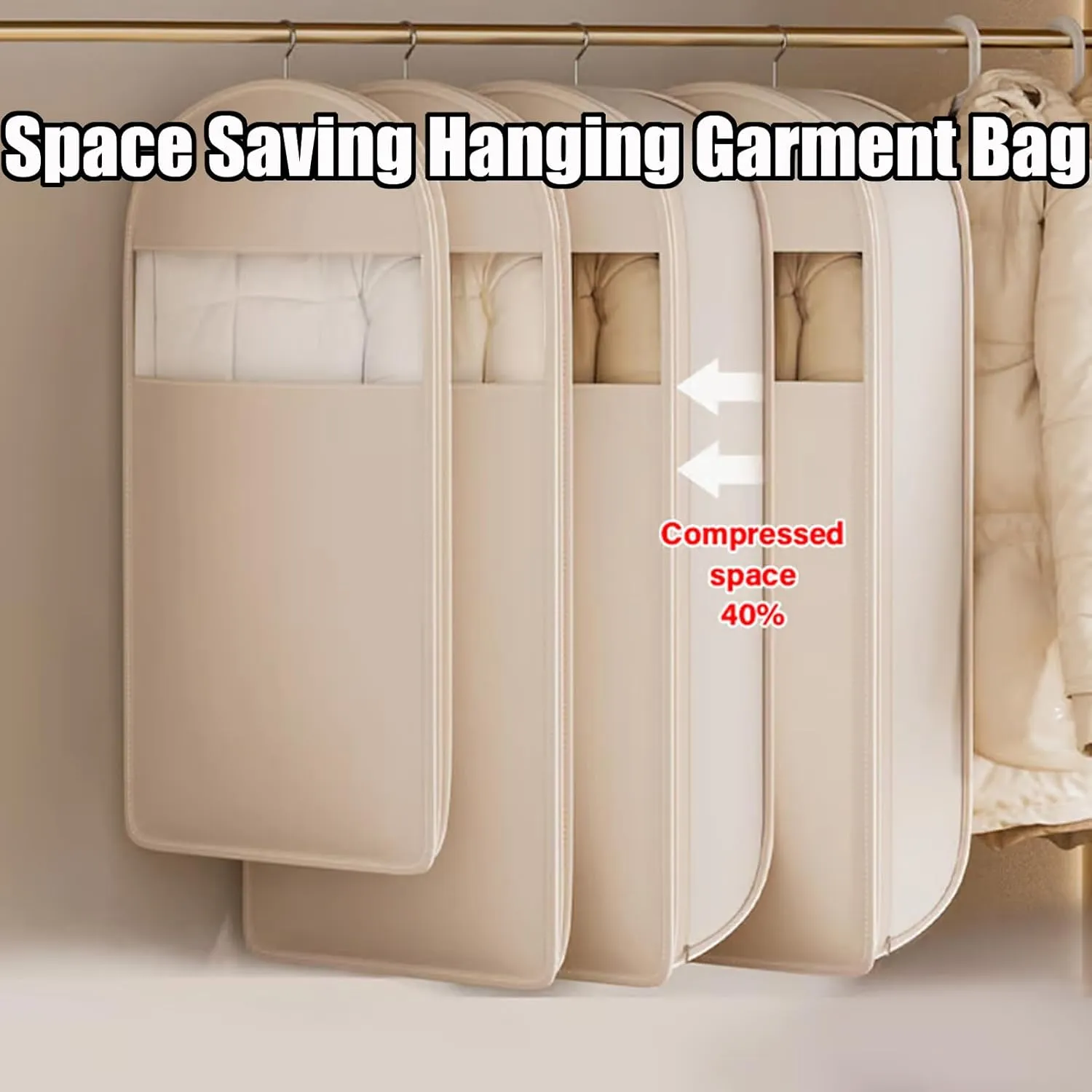 Space Saving Hanging Garment Bag with Self Compression Zipper, Ultra Space Saving Large Dust Cover Clothes Protectors Bags for Down Coat, Hanging Clothes Storage Organiser for Travel (Gray, L XL)