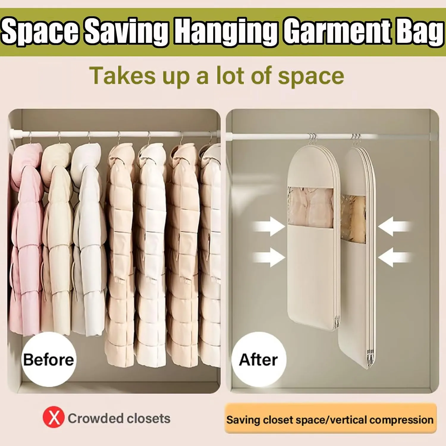 Space Saving Hanging Garment Bag with Self Compression Zipper, Ultra Space Saving Large Dust Cover Clothes Protectors Bags for Down Coat, Hanging Clothes Storage Organiser for Travel (Gray, L XL)