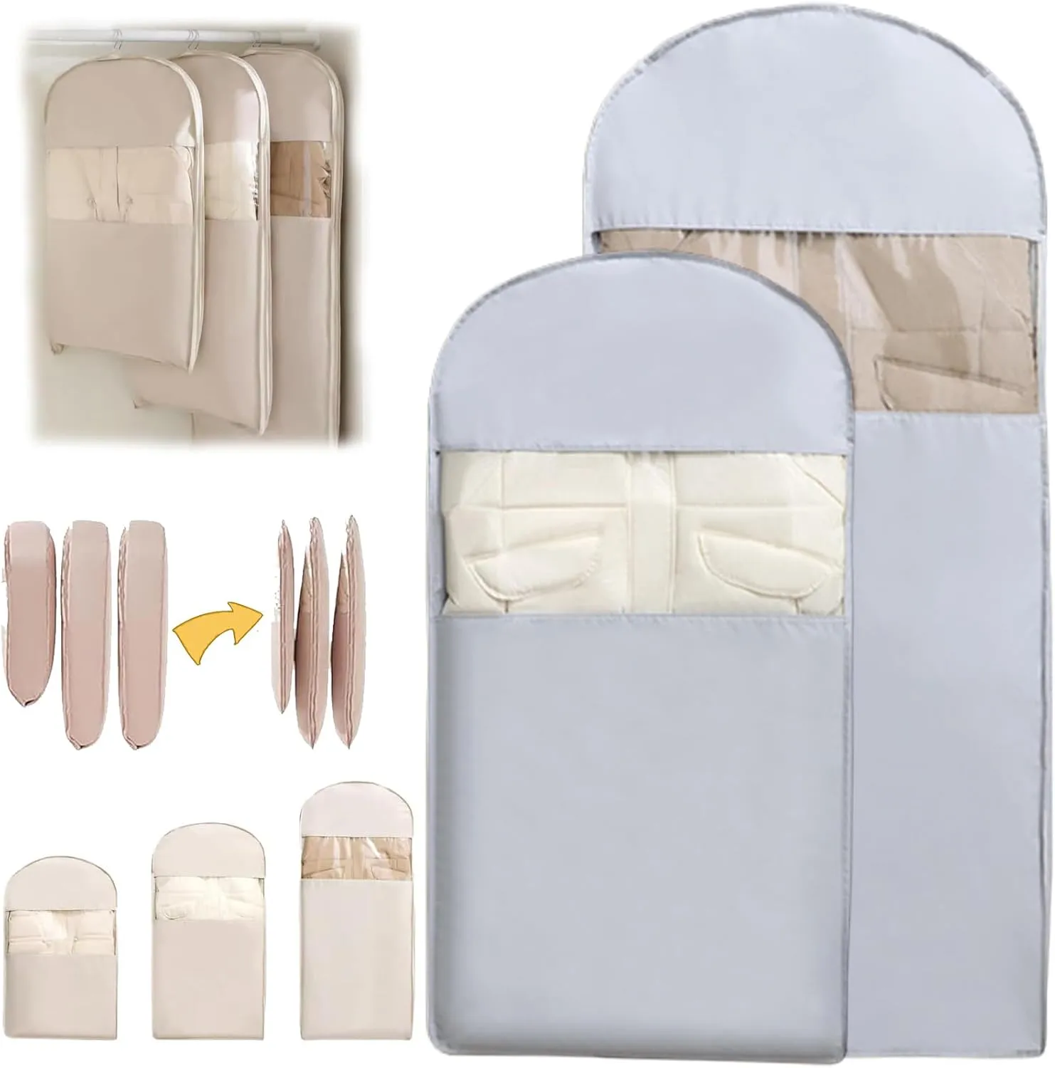 Space Saving Hanging Garment Bag with Self Compression Zipper, Ultra Space Saving Large Dust Cover Clothes Protectors Bags for Down Coat, Hanging Clothes Storage Organiser for Travel (Gray, L XL)