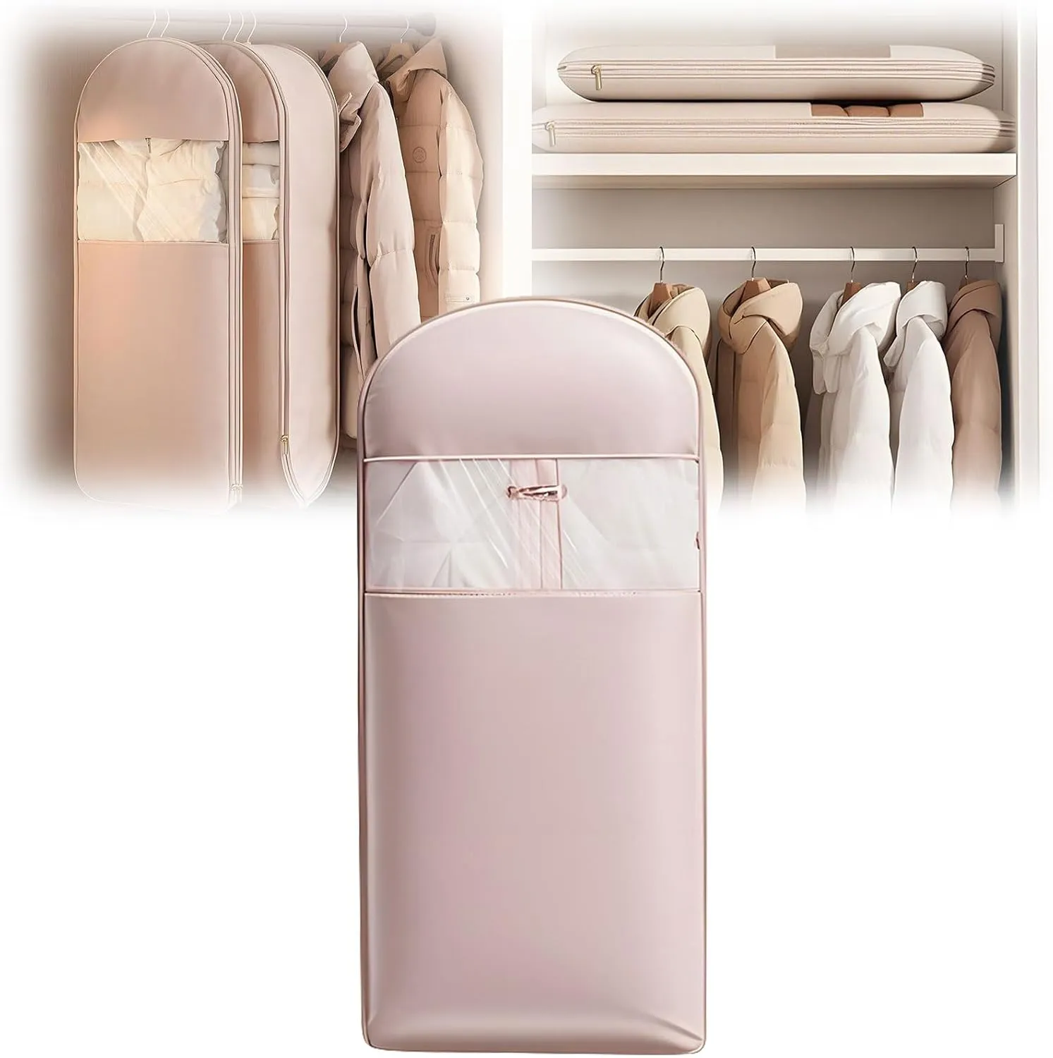 Space Saving Hanging Garment Bag with Self Compression Zipper,Space Saver Closet Organizers,Dust Cover Clothes Bags for Down Coat (Pink, X-Large)
