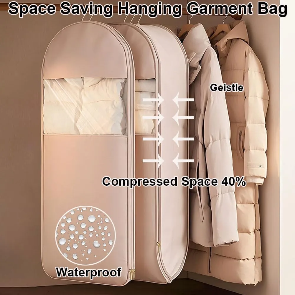 Space Saving Hanging Garment Bag with Self Compression Zipper,Space Saver Closet Organizers,Dust Cover Clothes Bags for Down Coat (Pink, X-Large)