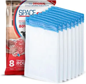 Spacesaver Travel Roll-Up Storage Bags with Double-Zip Seal and Triple-Seal Turbo Valve, Get 80% More Storage - Space Saver Bag - Compression Bags (Variety 8 Pack)