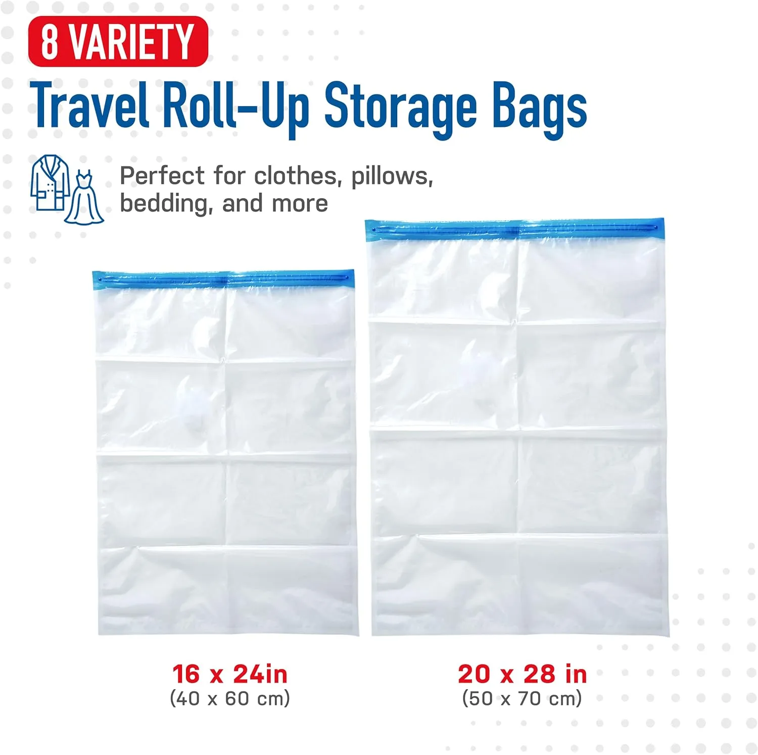Spacesaver Travel Roll-Up Storage Bags with Double-Zip Seal and Triple-Seal Turbo Valve, Get 80% More Storage - Space Saver Bag - Compression Bags (Variety 8 Pack)