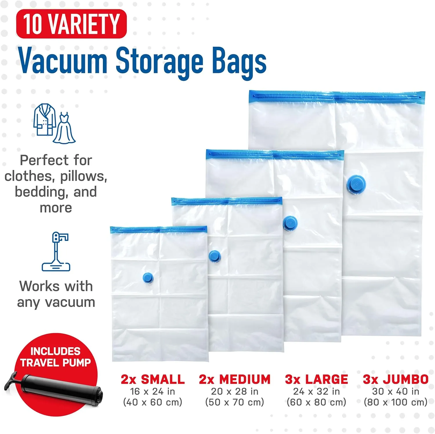 Spacesaver Vacuum Storage Bags (Variety 10-Pack) Save 80% on Clothes Storage Space - Comforters, Blankets, Bedding, Clothing, Mattress Vacuum Bag - Compression Seal for Closet Storage, Pump for Travel