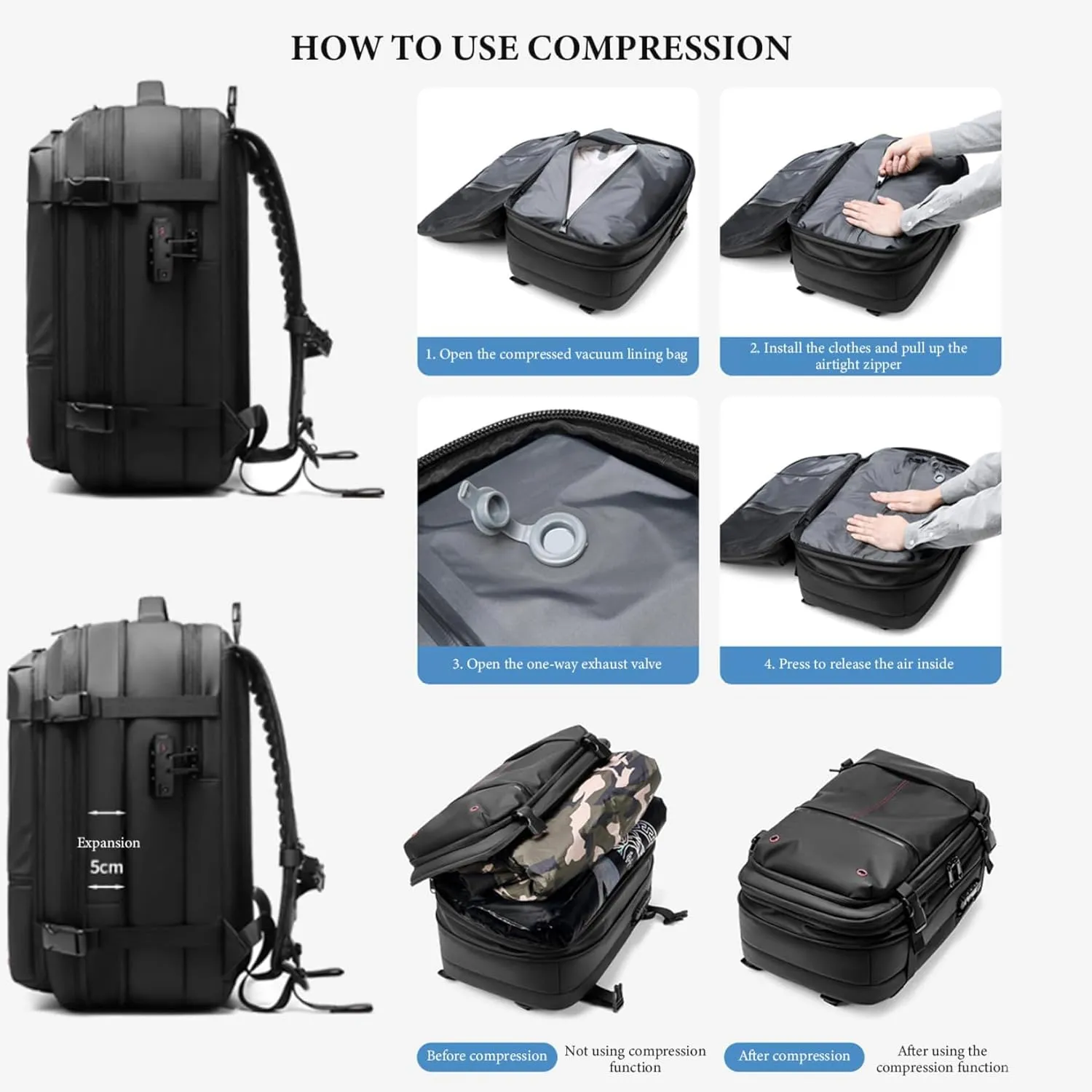 Spacevac Pro Backpack, Ezyvac Vacuum Backpack, 60l Expandable Vacpack Travel Commercial With Pump (2.0-Blue, with Air Pump)