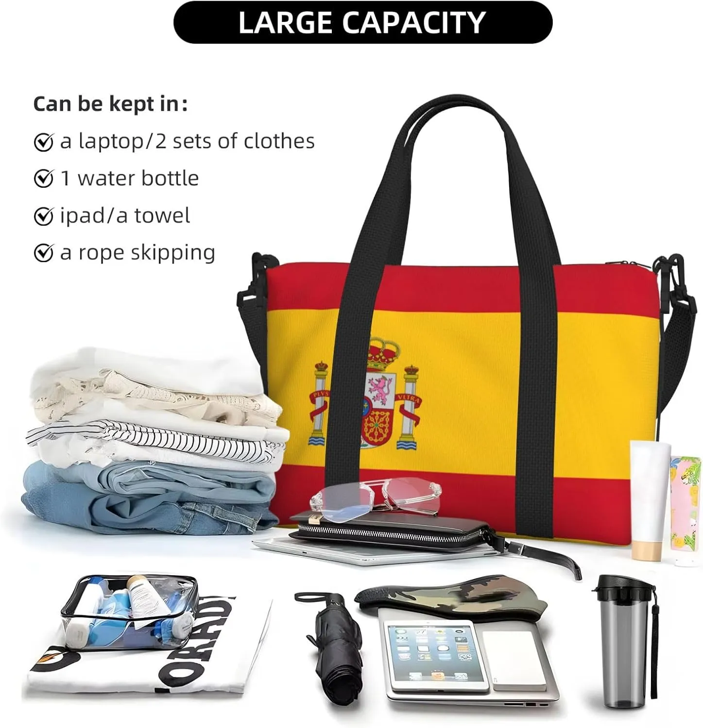 Spanish Flag Small Duffel Bag Foldable Travel Bag Weekender Bag Overnight Gym Hospital Bags For Women&Men