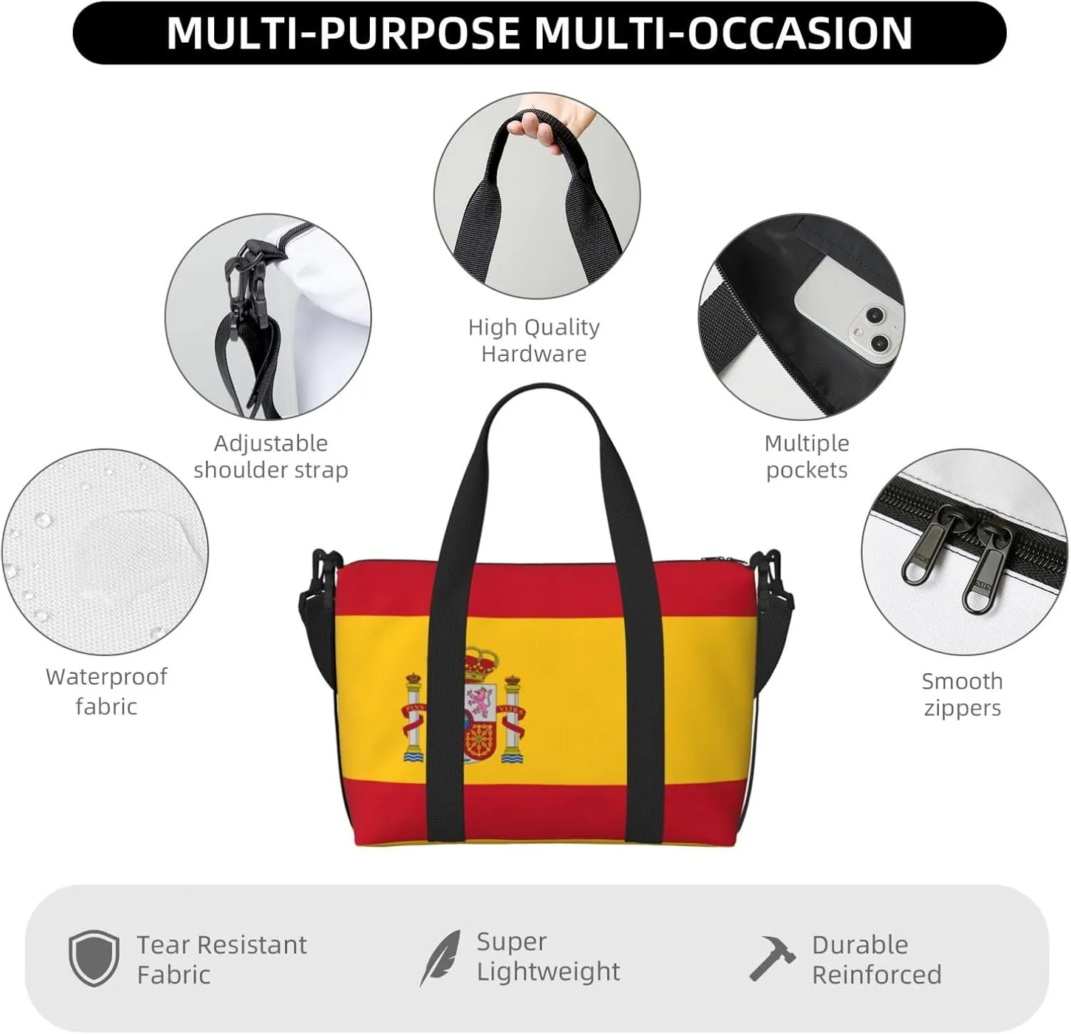 Spanish Flag Small Duffel Bag Foldable Travel Bag Weekender Bag Overnight Gym Hospital Bags For Women&Men