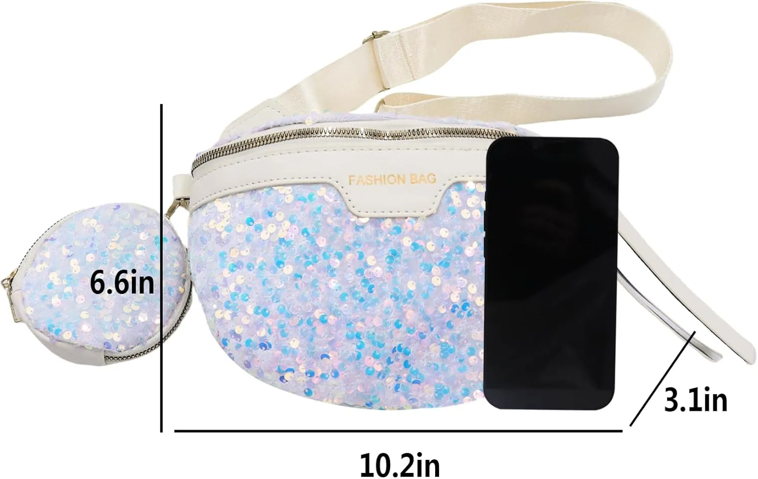 Sparkly Sequin Fanny Packs Glitter Waist Bag Adjustable Chest Belt Bags with Coin Purse for Women Girls,White 5#