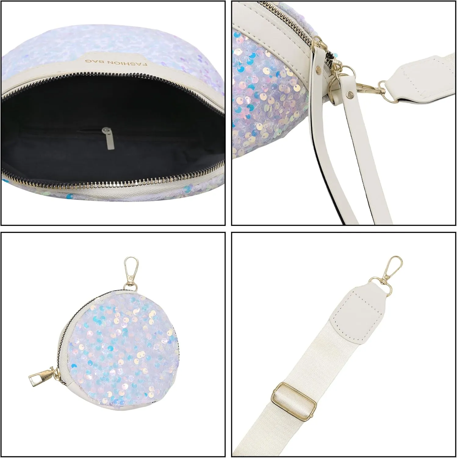Sparkly Sequin Fanny Packs Glitter Waist Bag Adjustable Chest Belt Bags with Coin Purse for Women Girls,White 5#