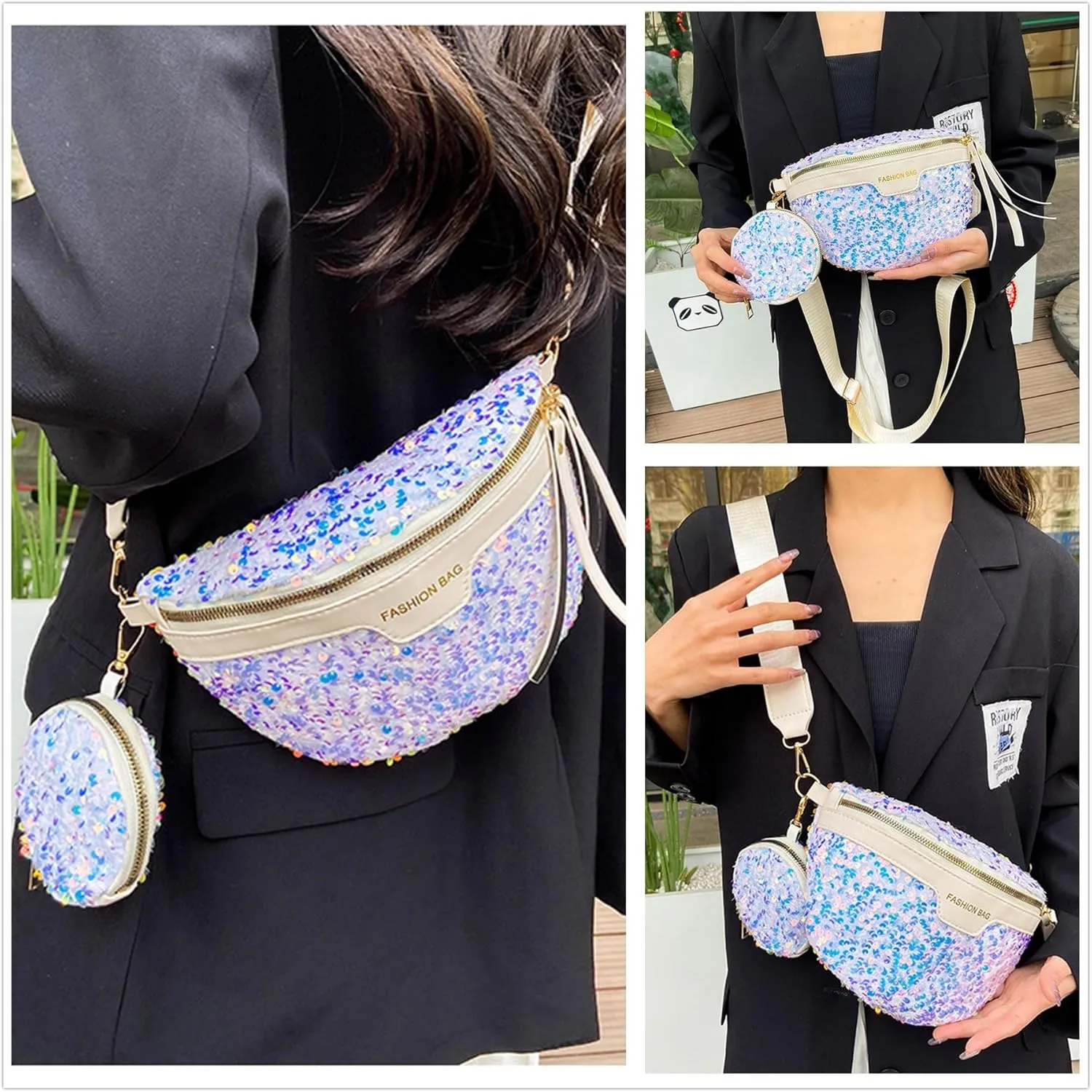 Sparkly Sequin Fanny Packs Glitter Waist Bag Adjustable Chest Belt Bags with Coin Purse for Women Girls,White 5#