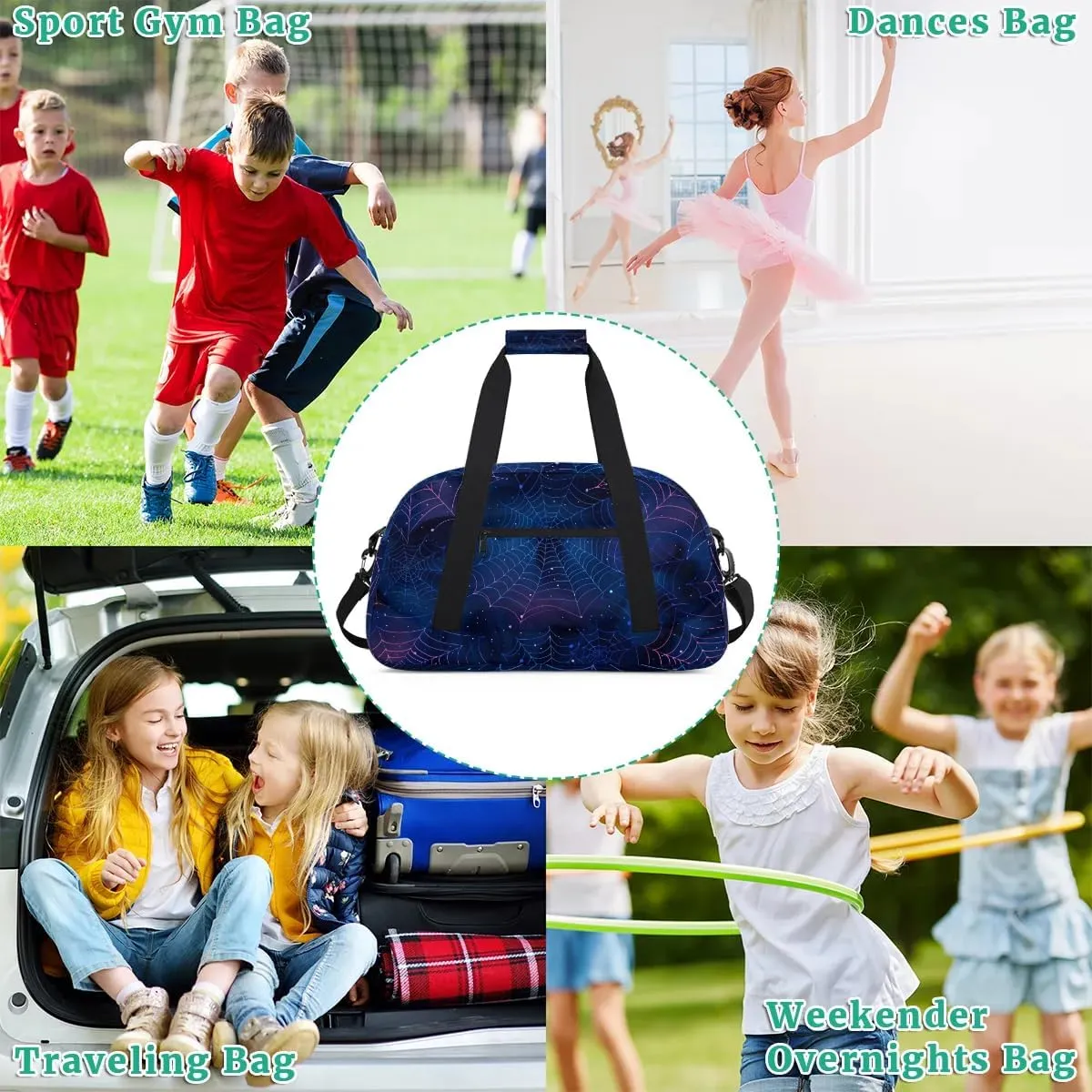 Spiders Web Kids Sports Gym Bags Travel Overnight Duffel Bags Portable Weekender Sleepover Bags for Girls Boy Waterproof Carry on Tote Bag Expandable Work Out Bags Halloween