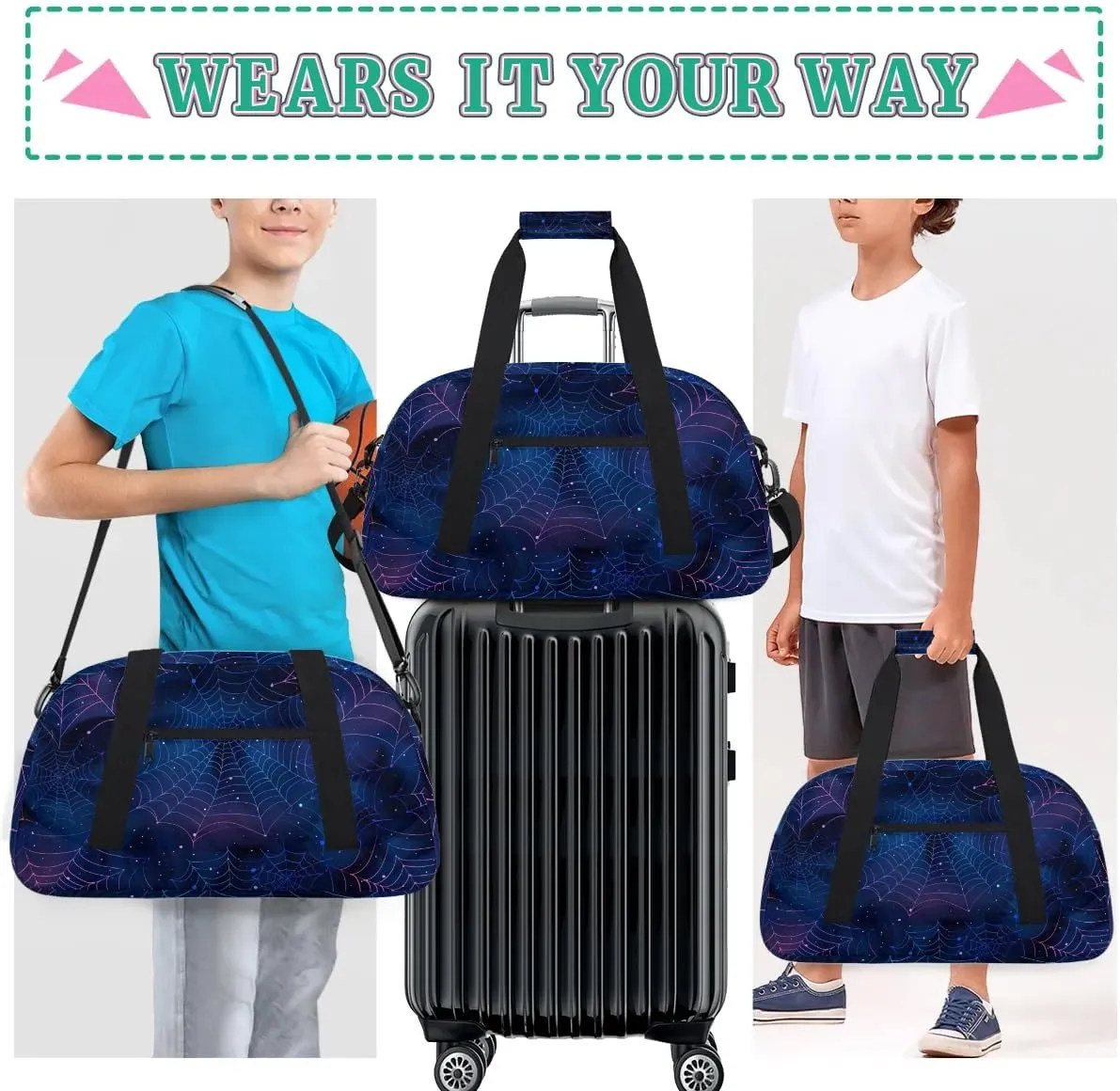Spiders Web Kids Sports Gym Bags Travel Overnight Duffel Bags Portable Weekender Sleepover Bags for Girls Boy Waterproof Carry on Tote Bag Expandable Work Out Bags Halloween