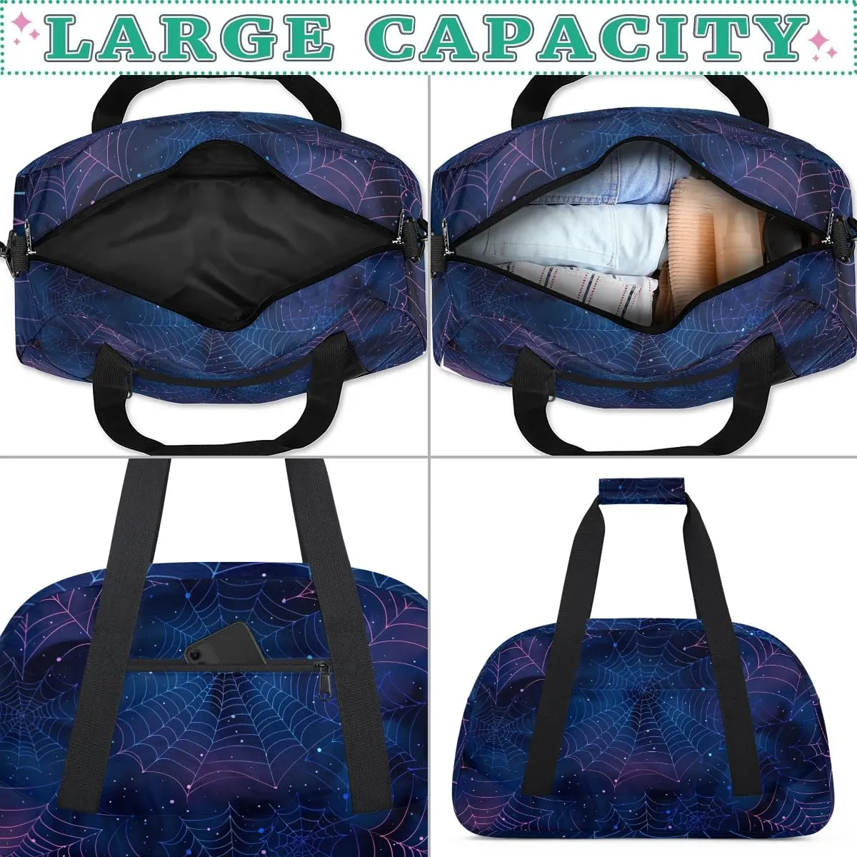 Spiders Web Kids Sports Gym Bags Travel Overnight Duffel Bags Portable Weekender Sleepover Bags for Girls Boy Waterproof Carry on Tote Bag Expandable Work Out Bags Halloween