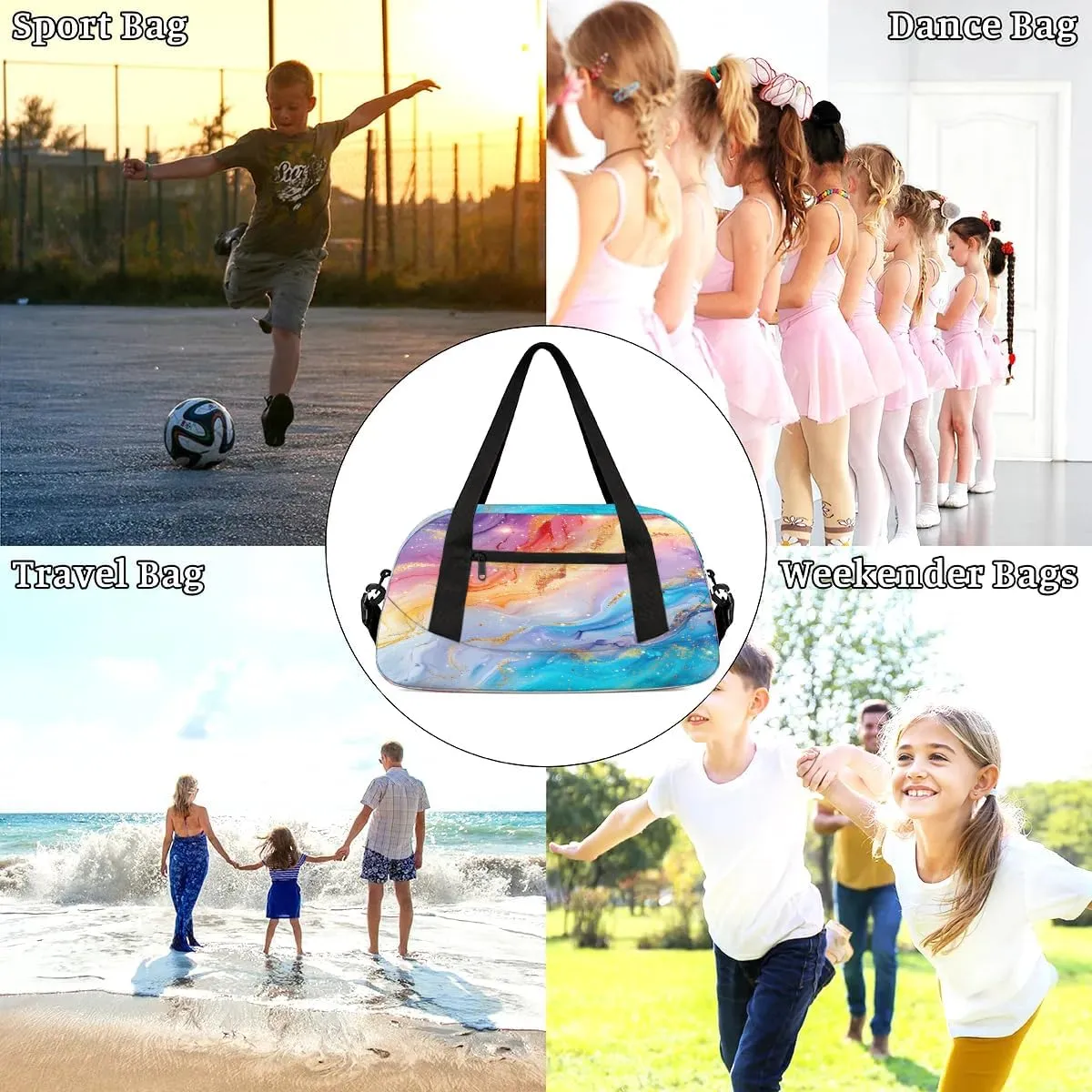 Sport Duffel Bag Colorful Marble Pattern Kids Gym Bag Weekender Overnight Bags for Boys Girls Teens Carry On Workout Travel Bag
