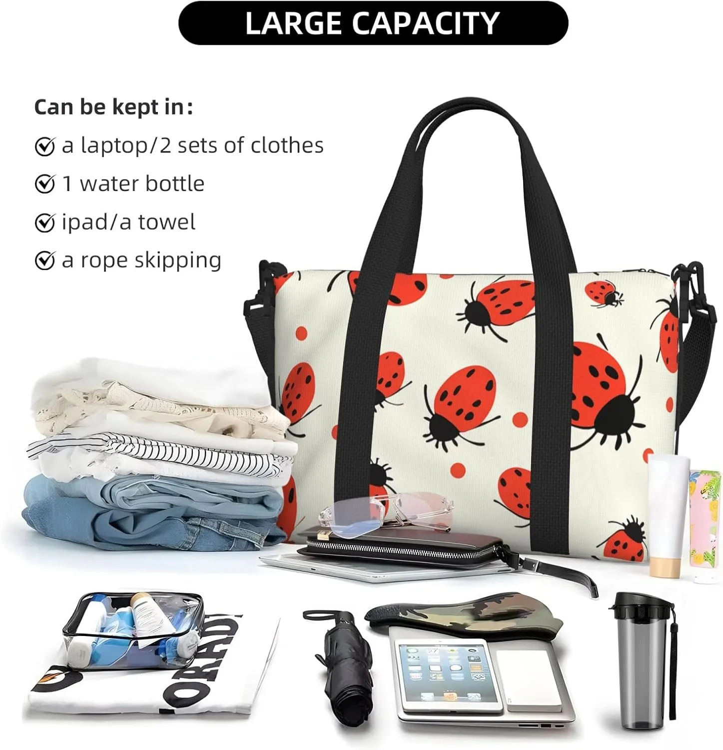 Sports Gym Bag for Women Men Travel Duffel Bag Tote Weekender Bag Carry on Overnight Bag for Travel Swimming Fitness Workout Sports Ladybugs Pattern Infinite Speckled Duffle Bag