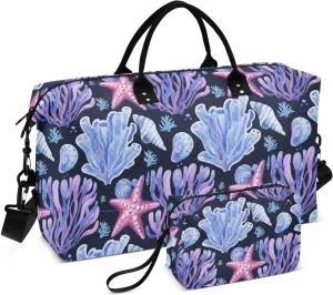 Starfish Shell Seaweed Navy Sports Gym Bag for Women Men Travel Duffel Bag Weekend Overnight Carry on Bag with Toiletry Bag Workout Dance Bag for Hospital Plane Swimming Yoga Workout