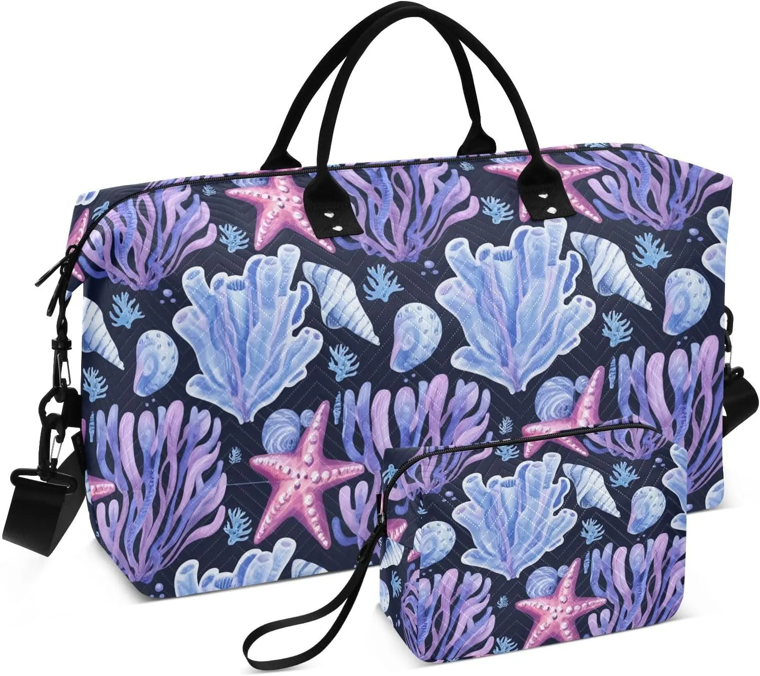 Starfish Shell Seaweed Navy Sports Gym Bag for Women Men Travel Duffel Bag Weekend Overnight Carry on Bag with Toiletry Bag Workout Dance Bag for Hospital Plane Swimming Yoga Workout