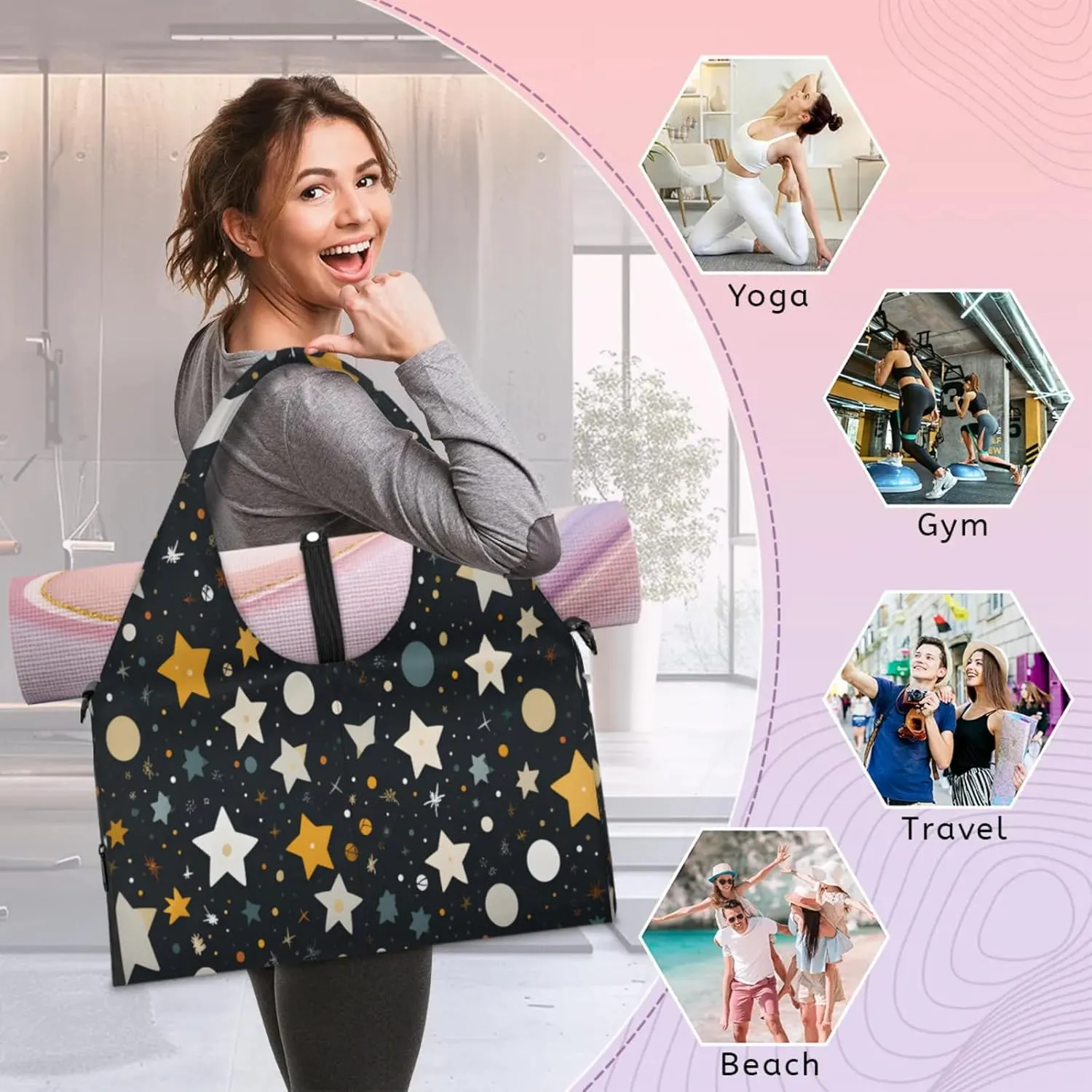 Starry Night Pattern Waterproof Gym Bag for Men Women, Sports Duffel Bag with Shoe Compartment Yoga Mat Holder, Portable Large Travel Bag for Fitness, Camping, Weekend Trips