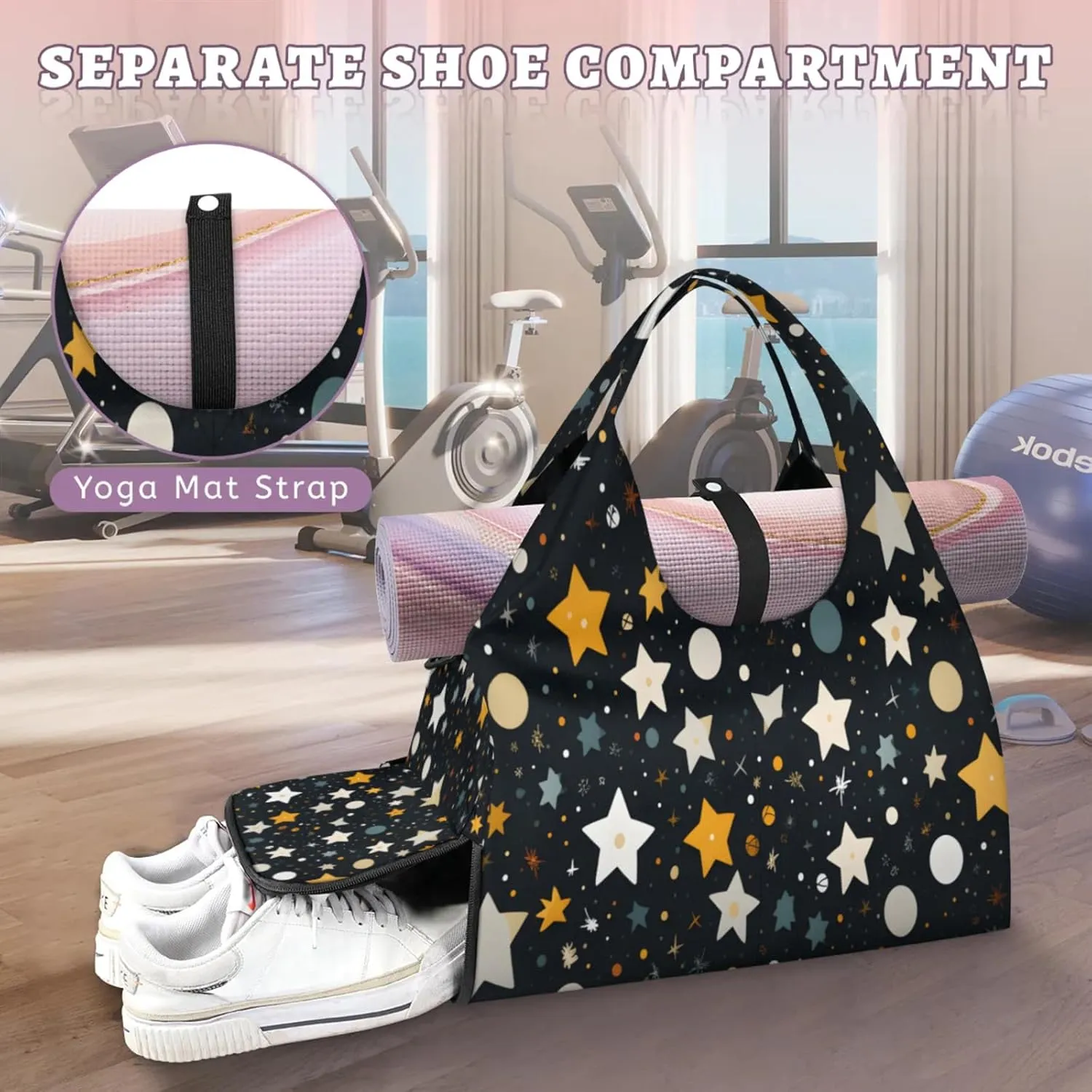 Starry Night Pattern Waterproof Gym Bag for Men Women, Sports Duffel Bag with Shoe Compartment Yoga Mat Holder, Portable Large Travel Bag for Fitness, Camping, Weekend Trips
