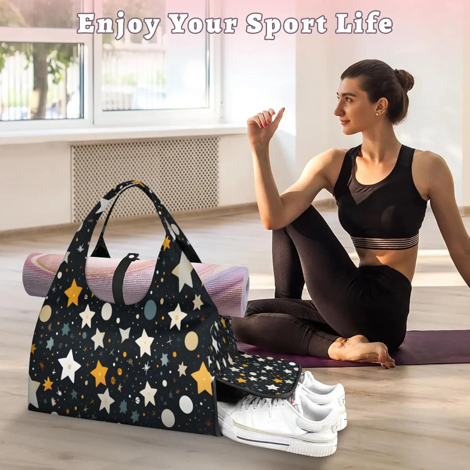 Starry Night Pattern Waterproof Gym Bag for Men Women, Sports Duffel Bag with Shoe Compartment Yoga Mat Holder, Portable Large Travel Bag for Fitness, Camping, Weekend Trips
