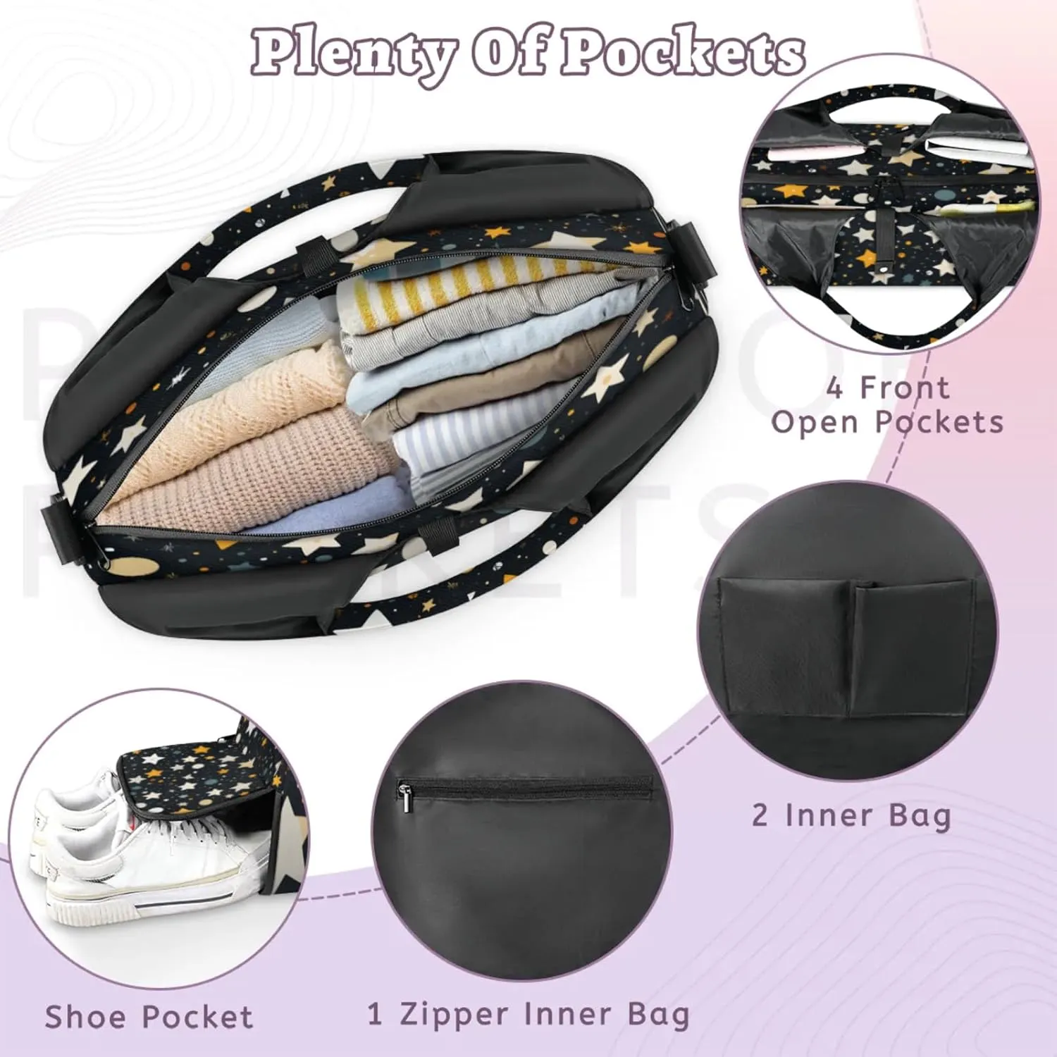 Starry Night Pattern Waterproof Gym Bag for Men Women, Sports Duffel Bag with Shoe Compartment Yoga Mat Holder, Portable Large Travel Bag for Fitness, Camping, Weekend Trips