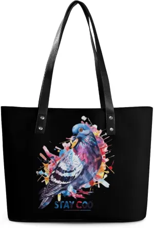 Stay Coo Watercolor Pigeon Novelty Fashion Women's Handbags Printed Tote Bag Shoulder Purse Top Handle With Pocket 11 X 11.5 X 5.5 Inch