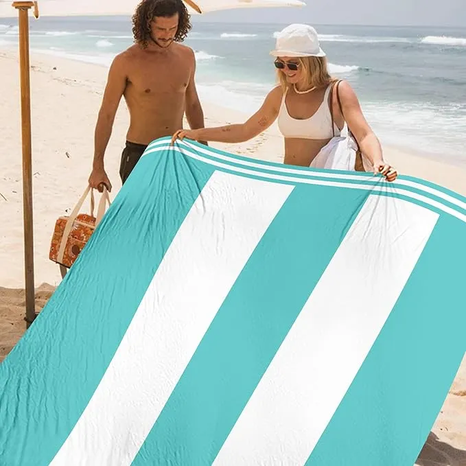 Stripe Beach Blanket Sandproof Waterproof, Extra Large 78"×86" Beach Mat for 1-4 Adults, Compact Lightweight Sand Free Picnic Mat Beach Essential Must Have-Blue&White Wide Stripes