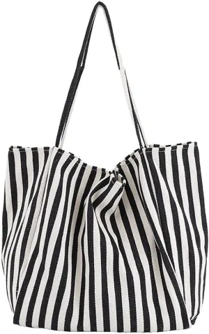 Striped Canvas Tote Handbag for Women Vertical Stripe Large Capacity Shoulder Bag for Shopping Travel