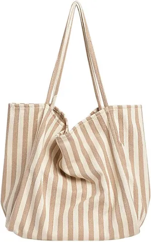 Striped Canvas Tote Handbag for Women Vertical Stripe Large Capacity Shoulder Bag for Shopping Travel