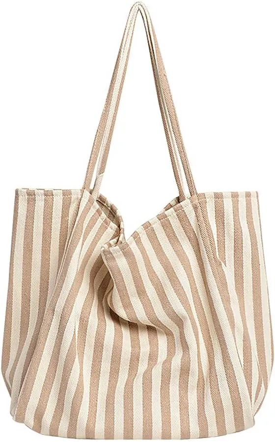 Striped Canvas Tote Handbag for Women Vertical Stripe Large Capacity Shoulder Bag for Shopping Travel