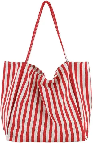 Striped Canvas Tote Handbag for Women Vertical Stripe Large Capacity Shoulder Bag for Shopping Travel
