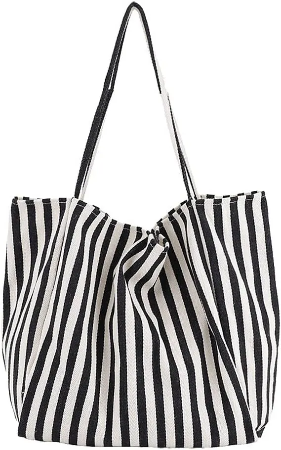 Striped Canvas Tote Handbag for Women Vertical Stripe Large Capacity Shoulder Bag for Shopping Travel
