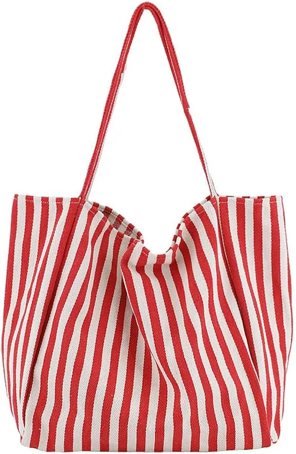 Striped Canvas Tote Handbag for Women Vertical Stripe Large Capacity Shoulder Bag for Shopping Travel