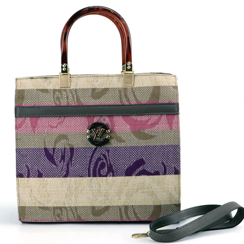 Striped Top Handle Canvas Satchel Purse #Lv-445 #22